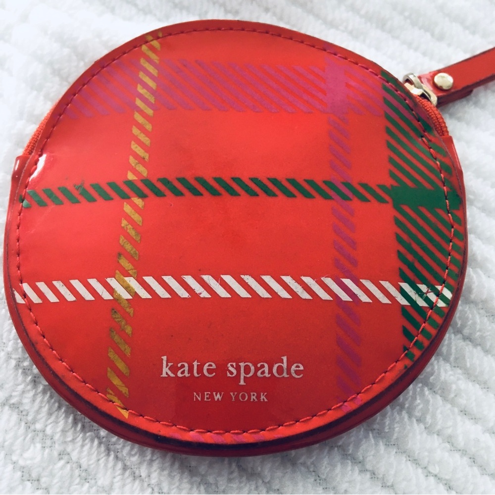 Kate Spade Red Plaid Round Coin Wallet Purse